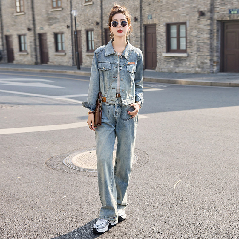 Bộ Set Áo Khoác Jean và Quần Jean Dáng Rộng Phong Cách Tiểu Thư Màu Xanh Jean
