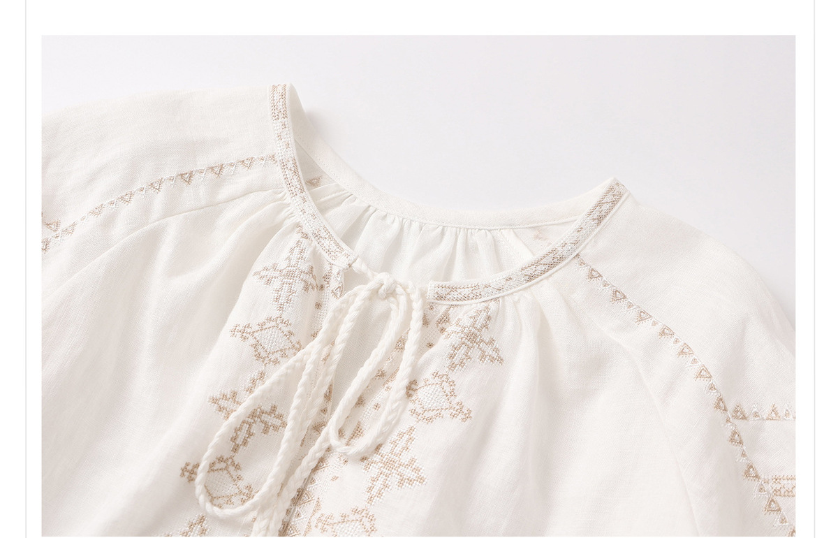 Áo sơ mi nữ linen dài tay thêu họa tiết dáng rộng — Màu trắng be, Màu xanh đậm, Màu xanh lam nhạt
