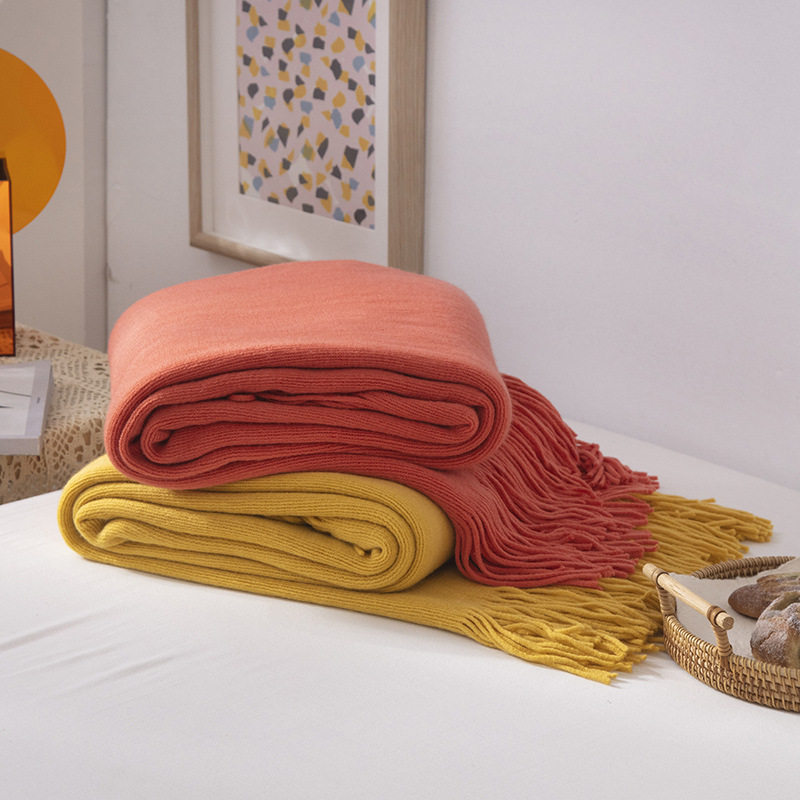 C12 Large Solid Color Knitted Blanket with Extended Tassels for Guesthouse Beds, Summer Air Conditioning Blanket, Fleece Blanket