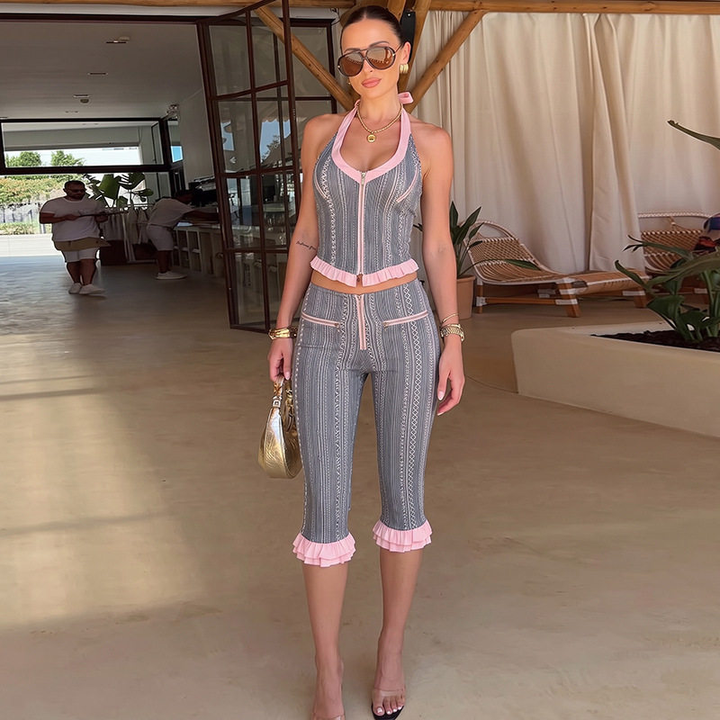 Summer Womens Outfit Set Unique Zipper Halter Neck Backless Top Ruffled Design Slim Fit 5 Point Pants Casual