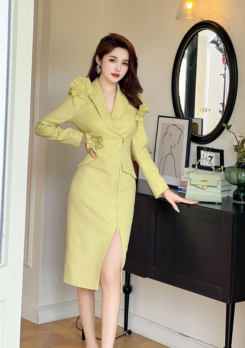 Đầm dạ hội nữ dài tay thiết kế hoa nổi 3D khóa kéo xẻ tà — Màu vàng sáng