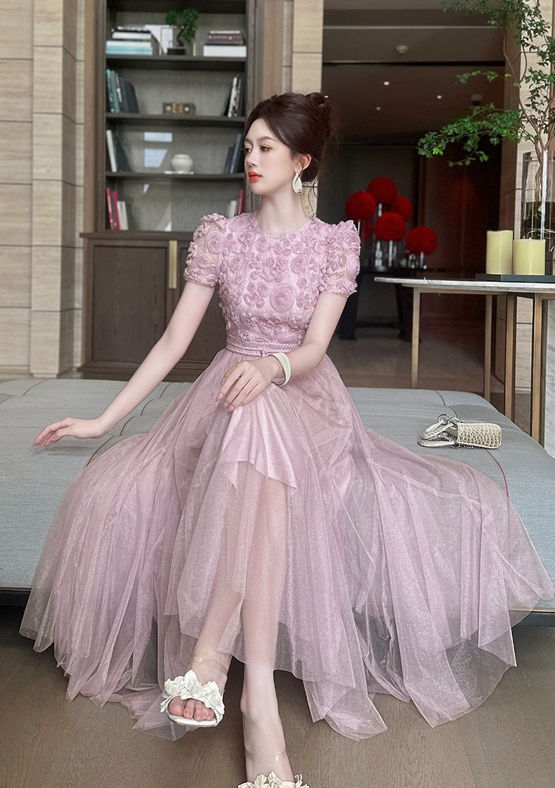 Đầm suông nữ tay ngắn cổ tròn chất liệu lưới voan phối ren nổi 3D — [Hồng], [Mơ] chi tiết 1