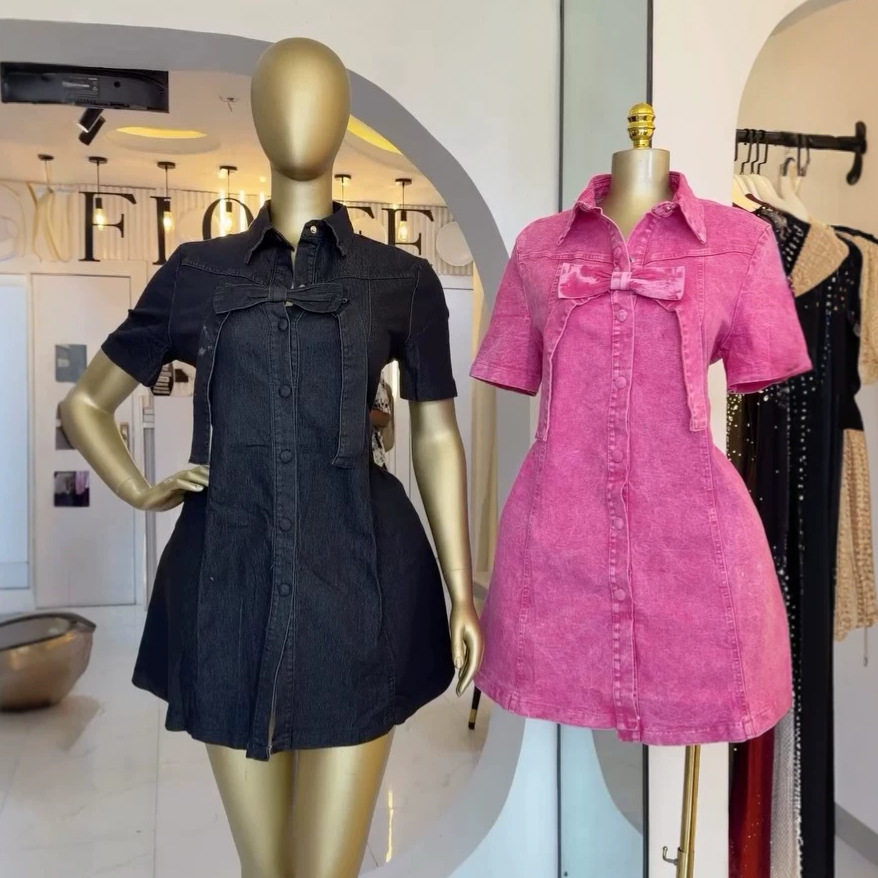 Elegant A Line Mini Denim Dress with Bow Detail Loose Fit Sweet Style Perfect for Casual Outings Wholesale Available