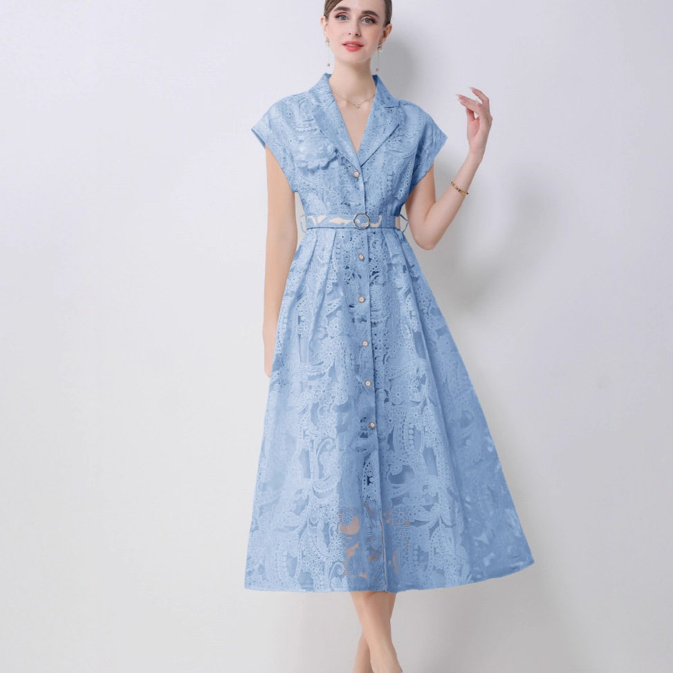 French Casual Midi Dress Short Sleeve Button Front Hollow Embroidery Belted Versatile Style for Summer Events
