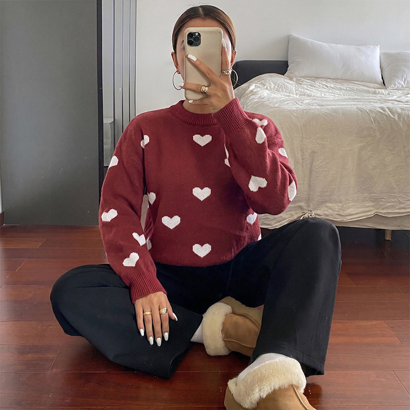 Vintage Sweetheart Jacquard Sweater Round Neck Long Sleeve Cozy Knit Autumn Winter Fashion Wholesale Available