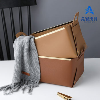 In-Stock Nordic-Style Desktop Pu Leather Storage Basket, Foldable Gold-Edged Miscellaneous Storage Basket, Storage Tray for Stationery