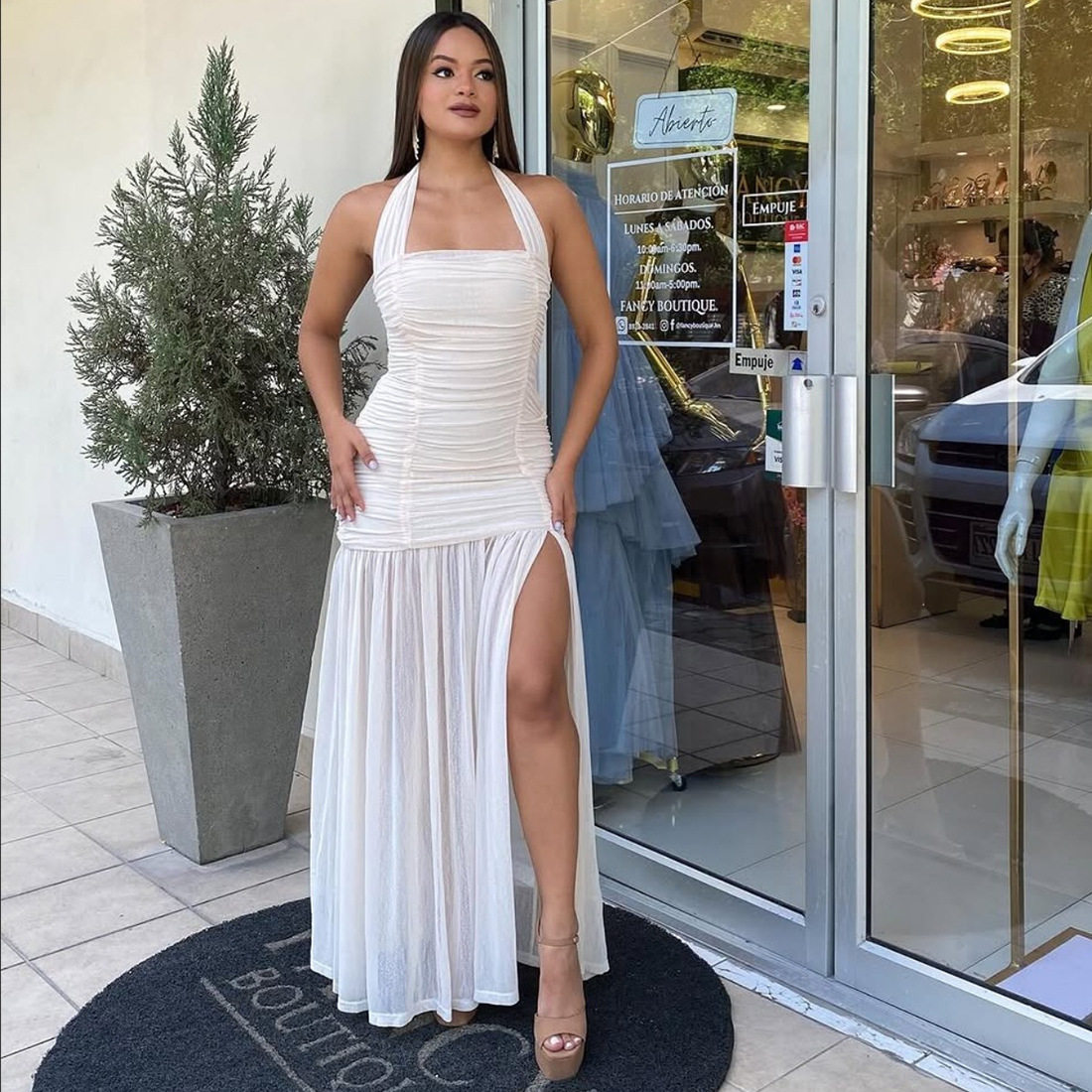 Womens Fashion Backless Ruched Layered Dress Stylish Halter Neck Slim Fit Elegant Design Perfect for Autumn Events