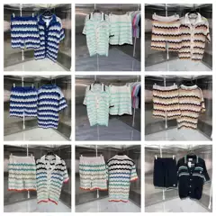 Men's and Women's Cross-Border Casa Men's Fashion Casual Suit Knitted Wool Sweater Short-Sleeved Shorts Cut Out Waves