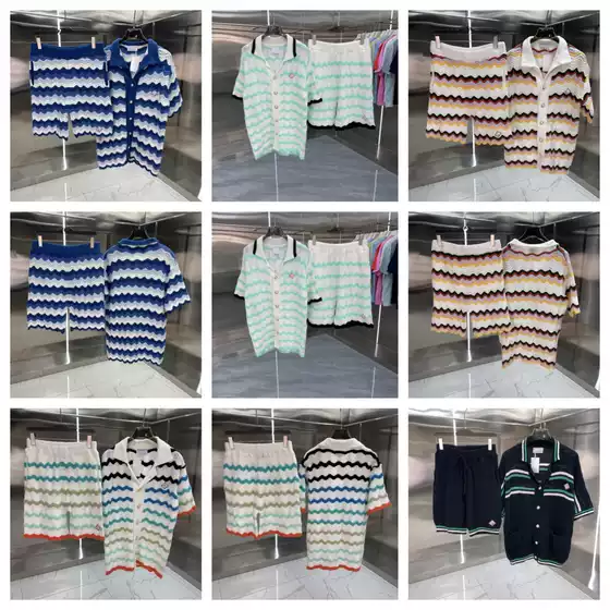 Men's and Women's Cross-Border Casa Men's Fashion Casual Suit Knitted Wool Sweater Short-Sleeved Shorts Cut Out Waves