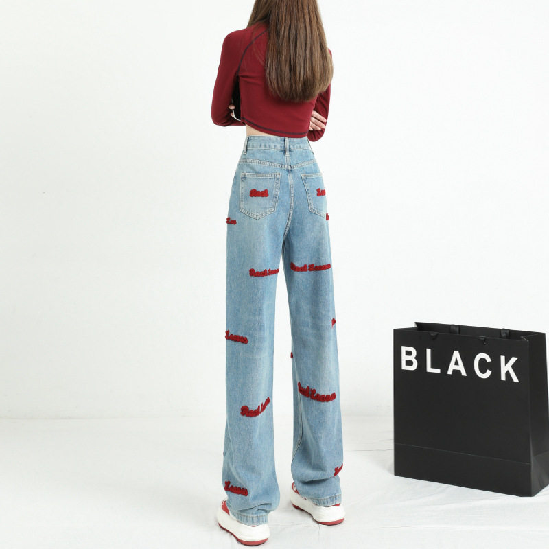 Womens Embroidered Straight Leg Denim Pants American Design Wide Leg Unique Style Spring Collection Wholesale