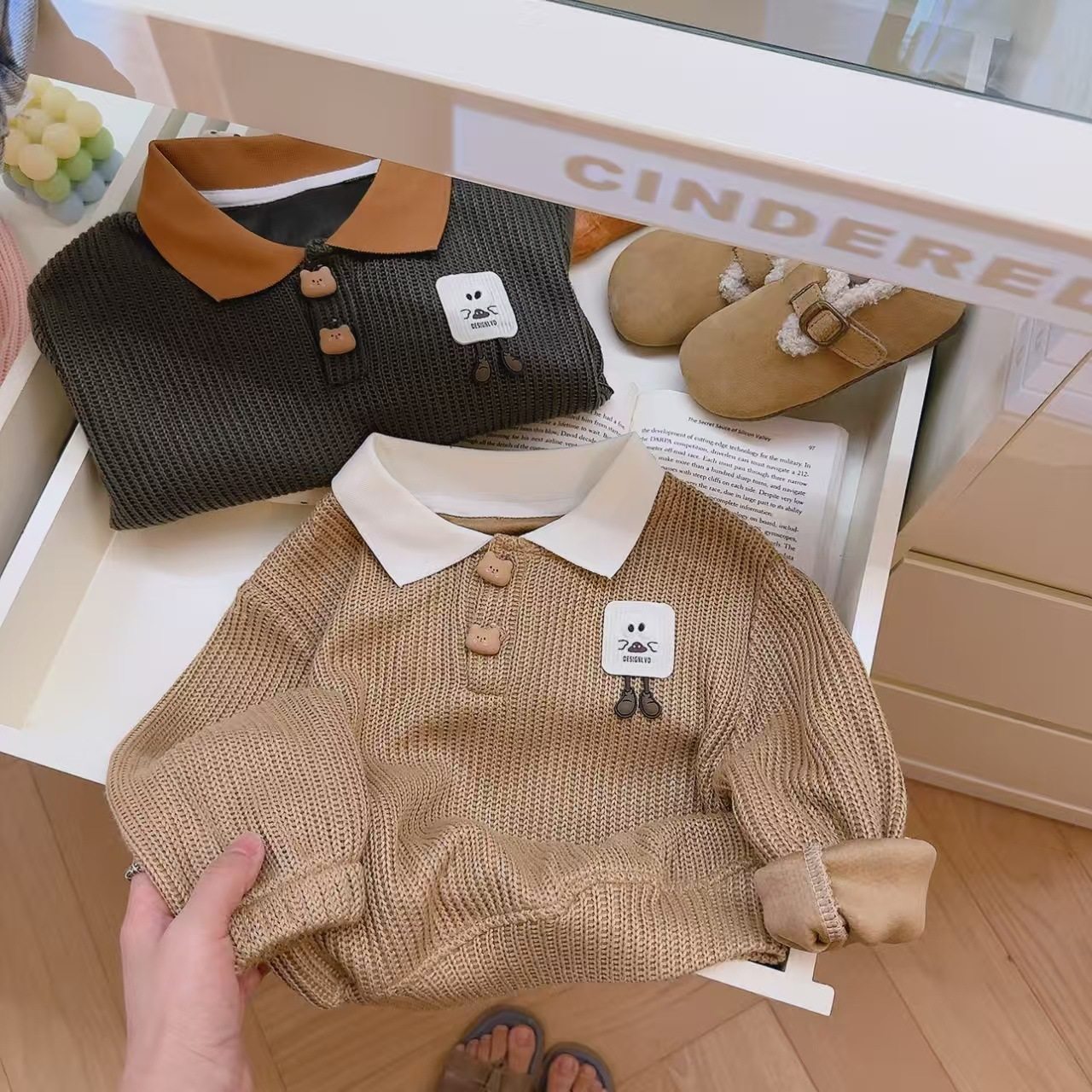 Spring & Autumn Boys & Girls Knitted Embroidered V-Neck Hoodie, Viral Trendy Korean Style Long-Sleeve Top