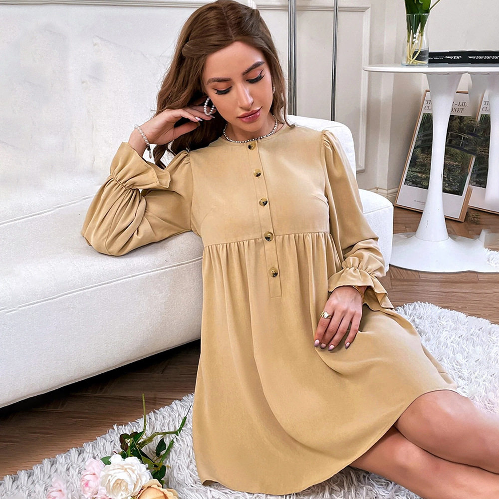Womens Loose Fit Button Up Doll Dress Round Neck Long Sleeve Sweet and Fresh Style Perfect for Spring and Summer