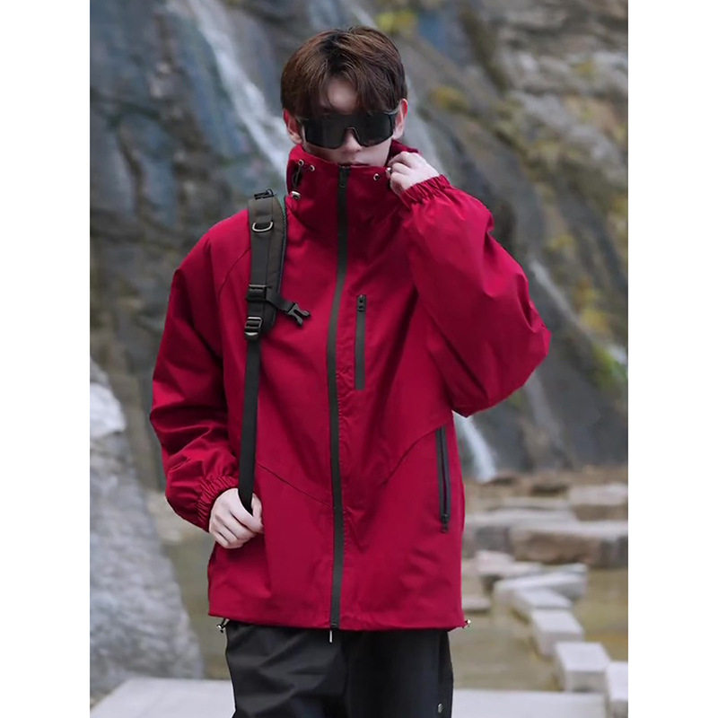 Red Reversible Outdoor Soft Shell Jacket Men's Autumn and Winter Windproof and Waterproof Jacket American Hiking Jacket