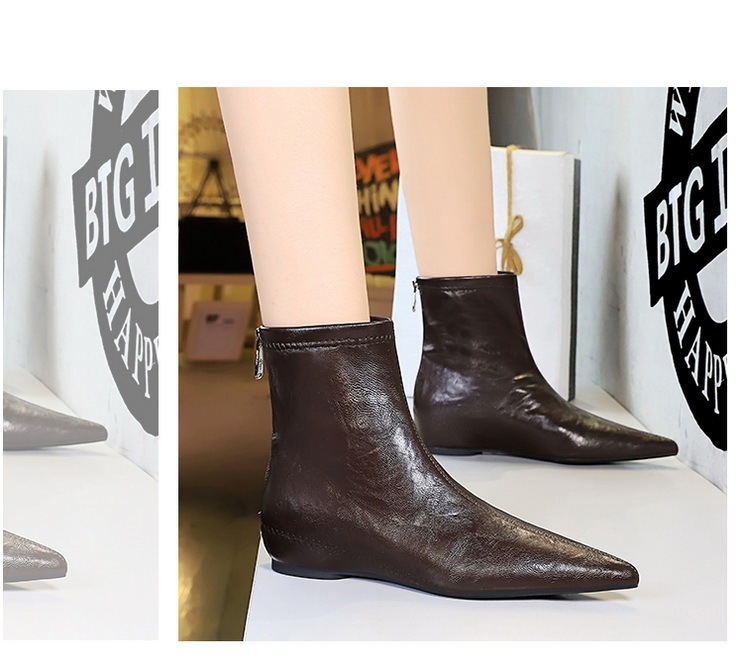 Boot nữ cổ thấp gót vừa khóa kéo sau, mũi nhọn tôn dáng, phong cách cổ điển dễ phối đồ — Lớp lót đơn màu đen, Lớp lót đơn màu nâu sẫm, Lớp lót nhung đen, Nhung màu nâu sẫm