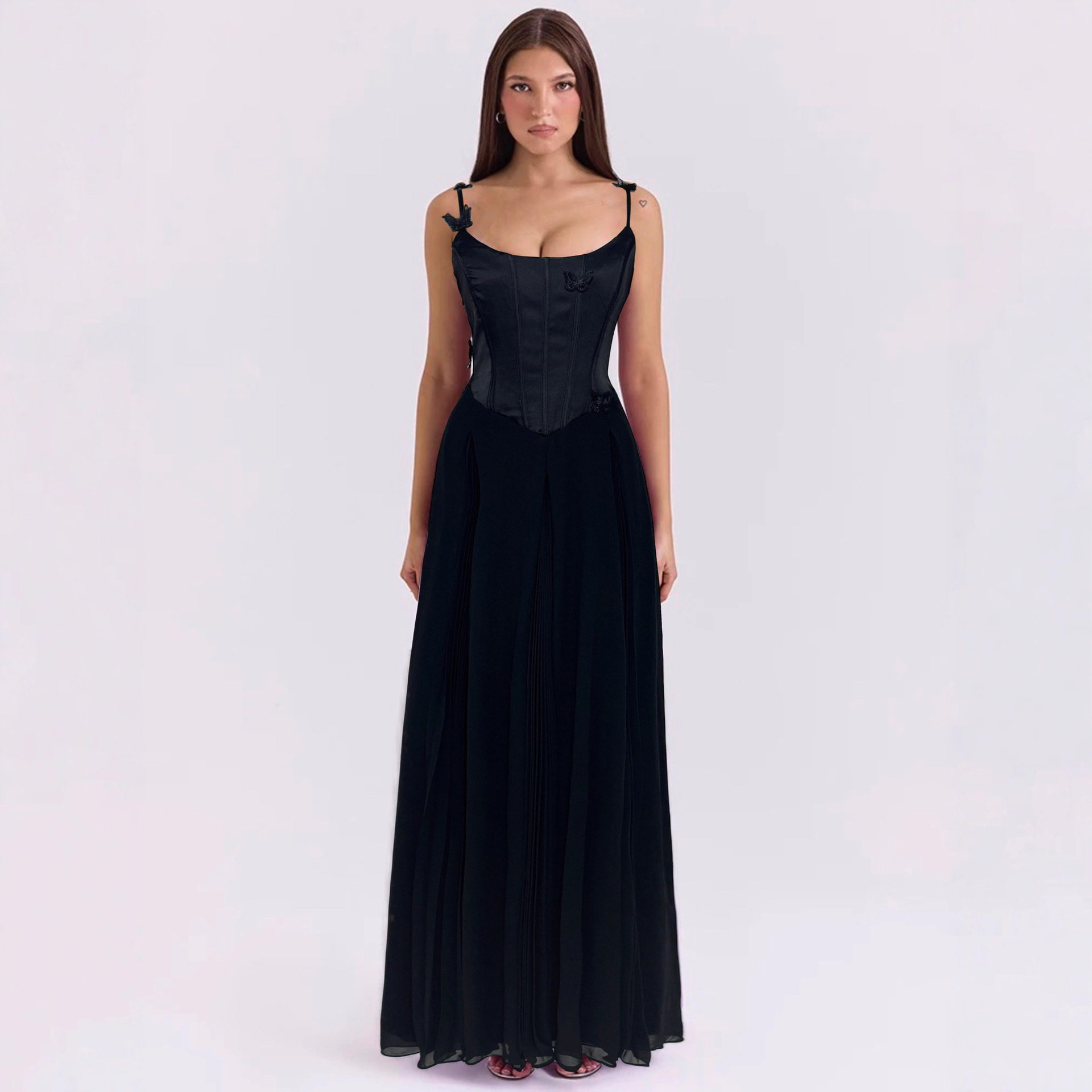 Elegant A Line Dress Solid Color 3D Butterfly Decoration Waist Defining Flared Skirt Perfect for Parties and Events