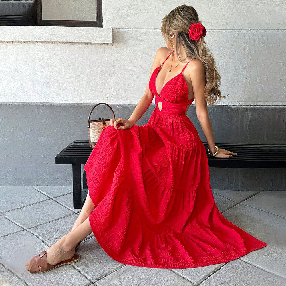 Sexy Red V Neck Maxi Dress Womens Spring Summer Fashion Elegant A Line Silhouette Wholesale Available