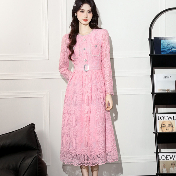Lace Long Sleeve Dress Pearl Embellished French Chic Elegant Style Perfect for Parties and Special Occasions