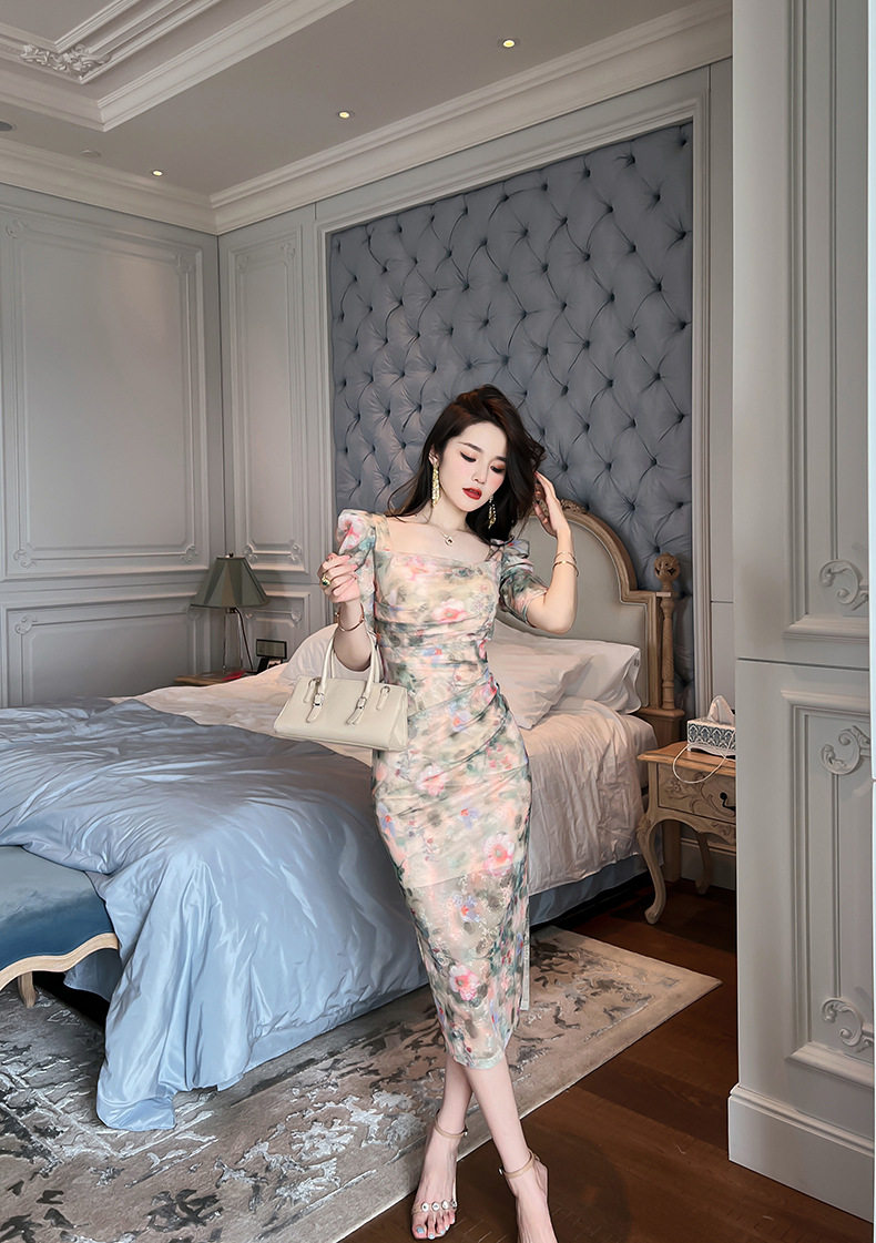 Đầm maxi nữ thắt eo cổ vuông họa tiết hoa retro Pháp — [Xanh lá] chi tiết 14