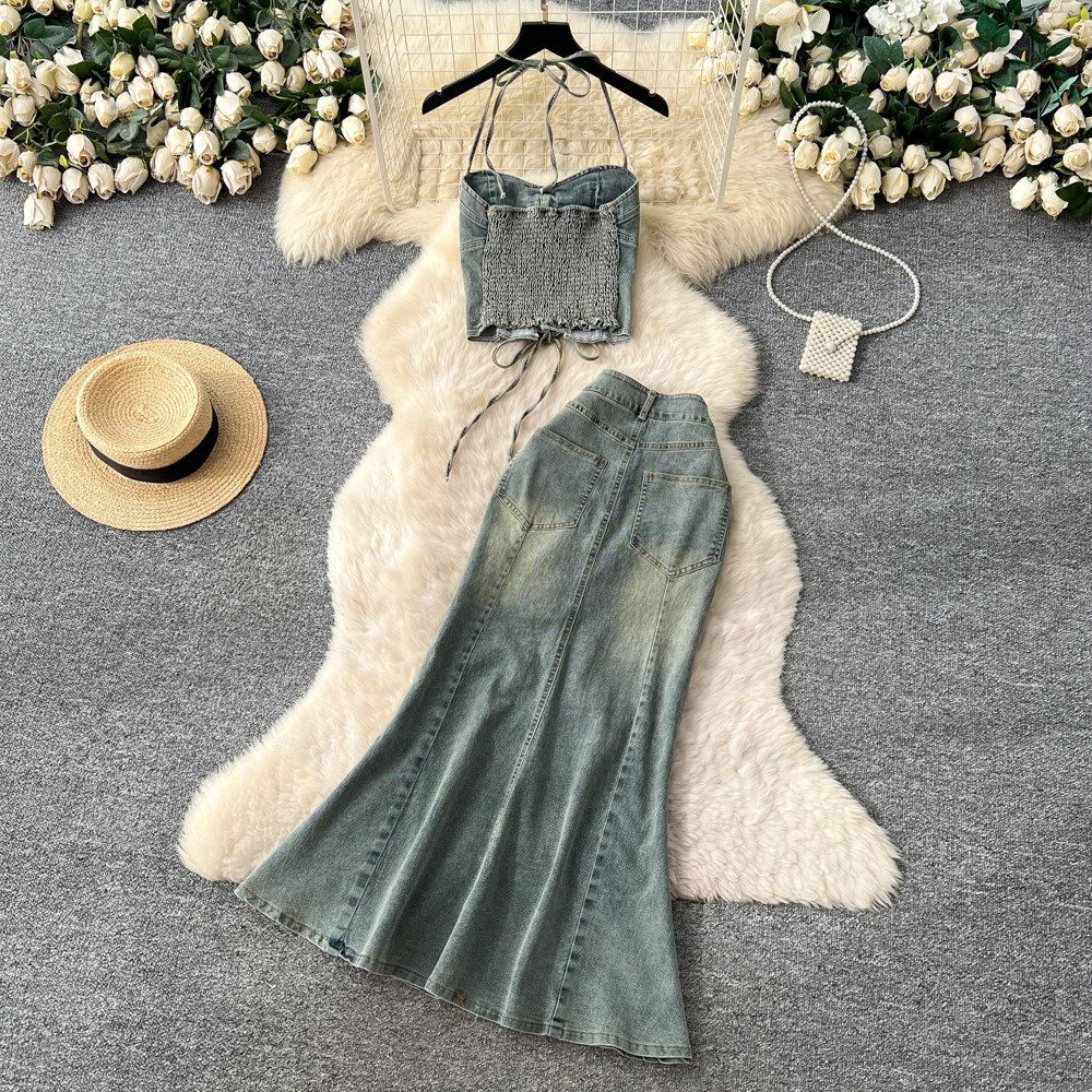 Vintage American Style Halter Crop Top and High Waisted Slimming Mermaid Skirt Set Denim Fabric Casual Summer Outfit