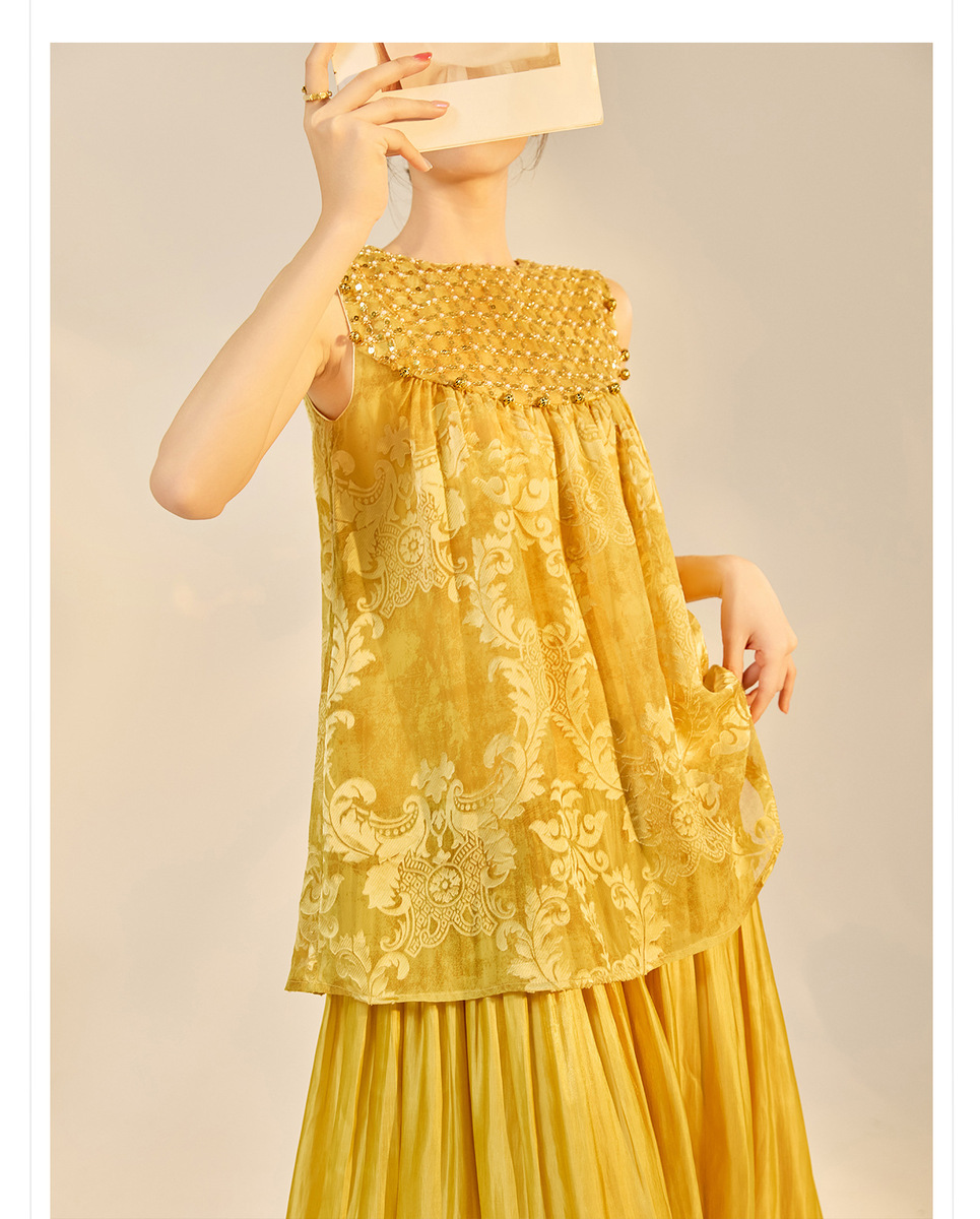 Đầm maxi nữ dài không tay cổ tròn đính cườm thêu hoa dáng tiên nữ — màu vàng kim, Xanh lá cây