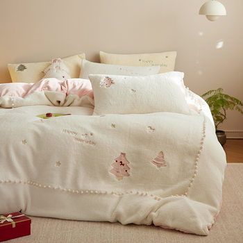 Class A high-end 300g thick warm milk velvet four-piece embroidered cute cashmere autumn and winter high-grade quilt cover