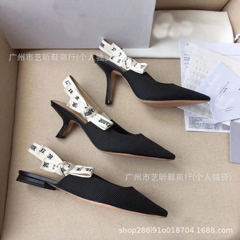 2025 New D Family Alphabet with Bow Cat Heel High Heels Knitted Striped Pointed Toe Shallow Mouth Empty Sandals for Women