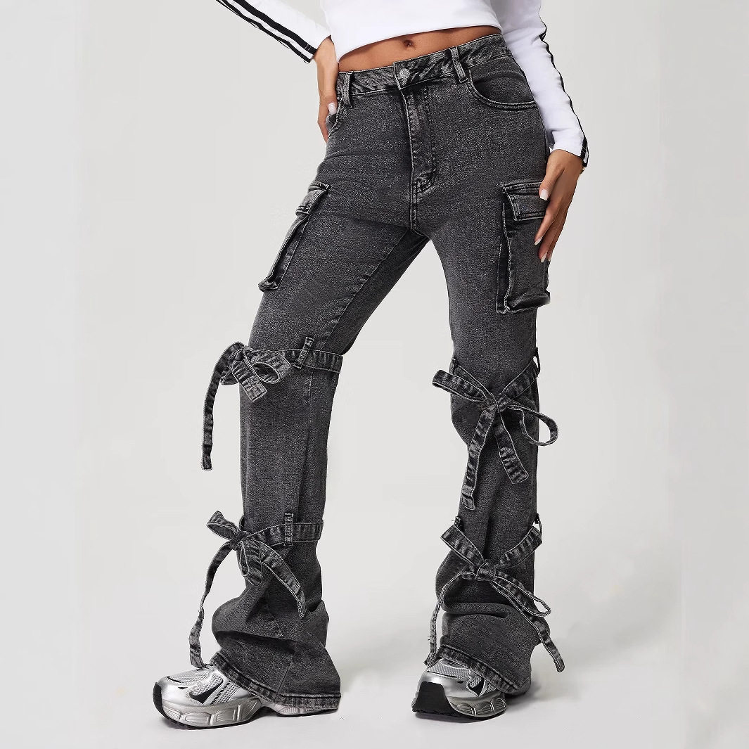 Womens Straight Leg Denim Cargo Pants Mid Rise Large Pockets Casual Style Wholesale Available
