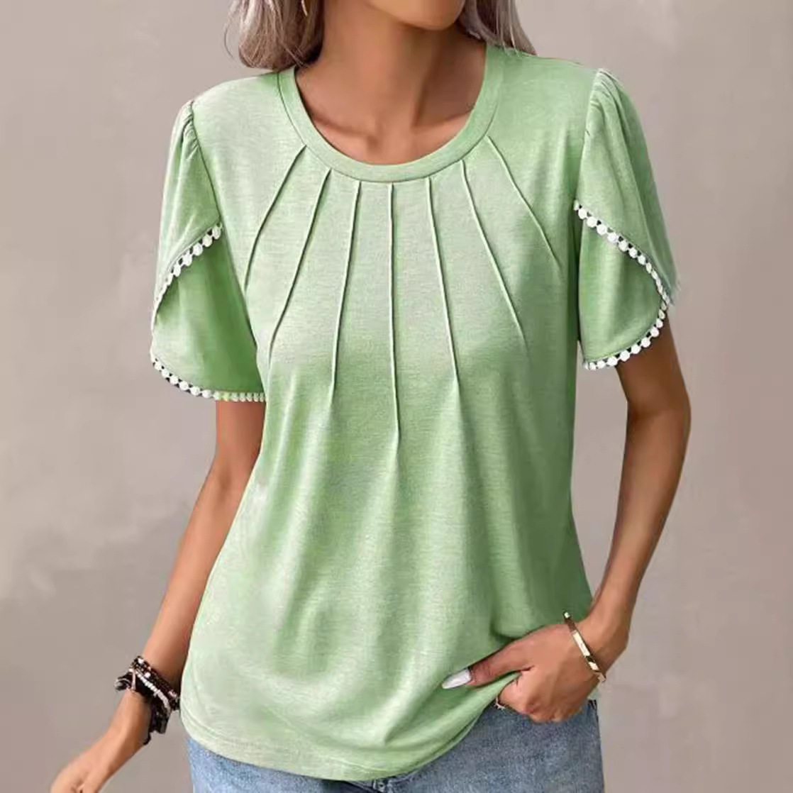 Short Sleeve Pleated T Shirt Round Neck Petal Sleeves Lightweight Fabric Summer Casual Wear for Women Wholesale