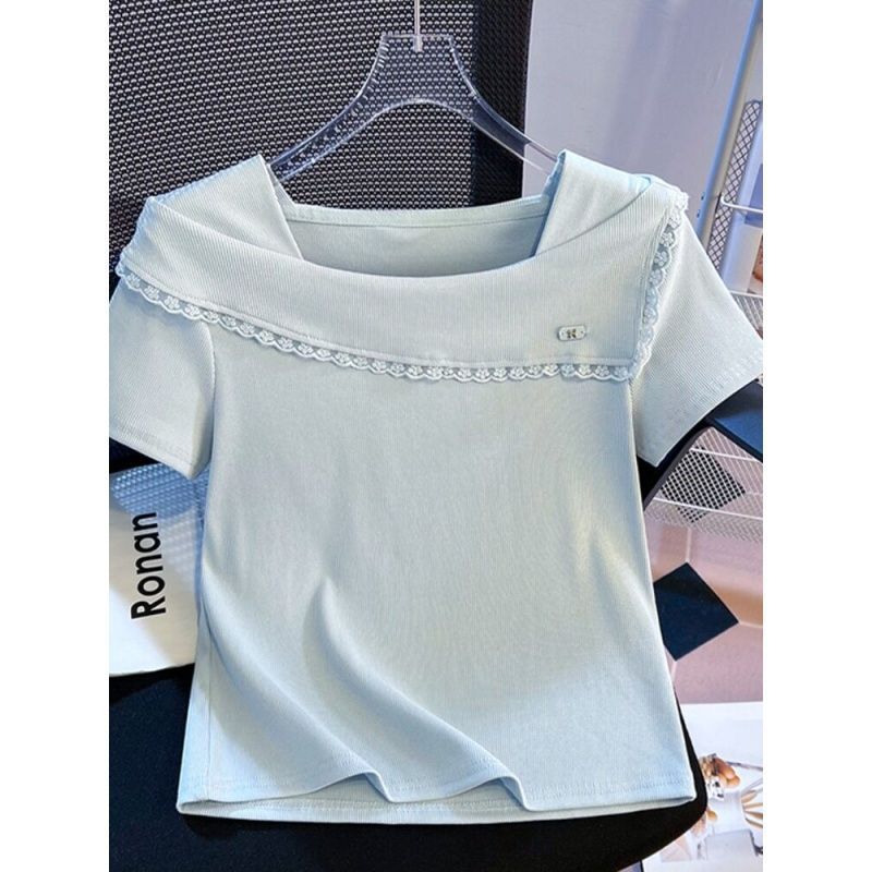 Lace Trim Square Neck Short Sleeve T Shirt Slim Fit Solid Color Soft Fabric Summer Casual Wear Wholesale Available