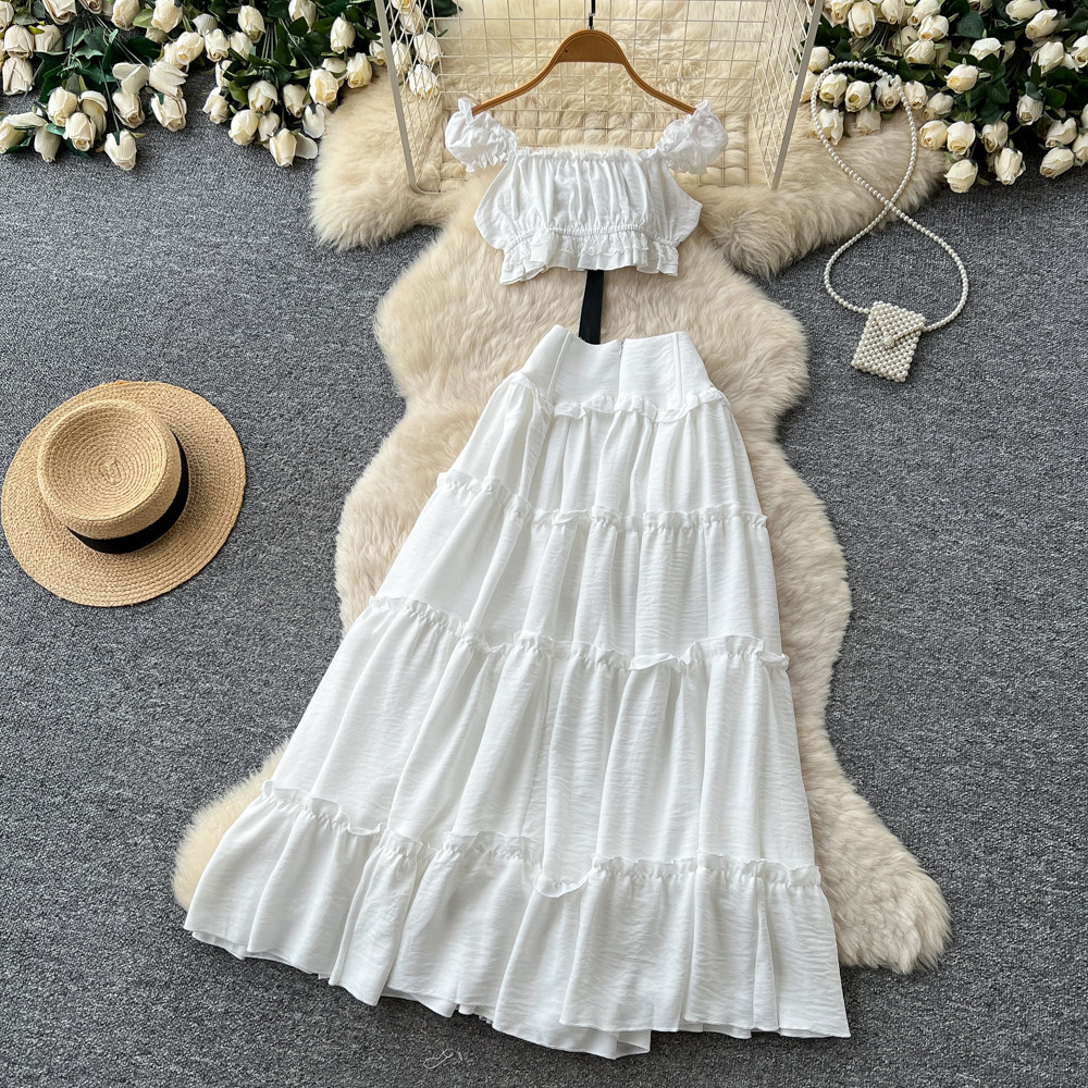 Off Shoulder Puff Sleeve Top with Tie Sweet French Style High Waisted Cake Skirt Set Summer Womens Fashion Wholesale