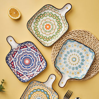 Wholesale Polish Ceramic Handle Plate Baking Pan Household Baked Rice Plate Salad Bowl Plate Tableware Oven Dish Plate