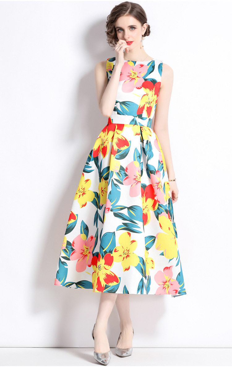 Vintage French Style Sleeveless A Line Dress Round Neck Waist Defining Floral Print Summer Casual Wear Wholesale