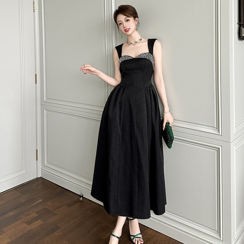 Đầm maxi nữ thắt eo cổ V dáng xòe tay dây bản — [Màu đen] chi tiết 1
