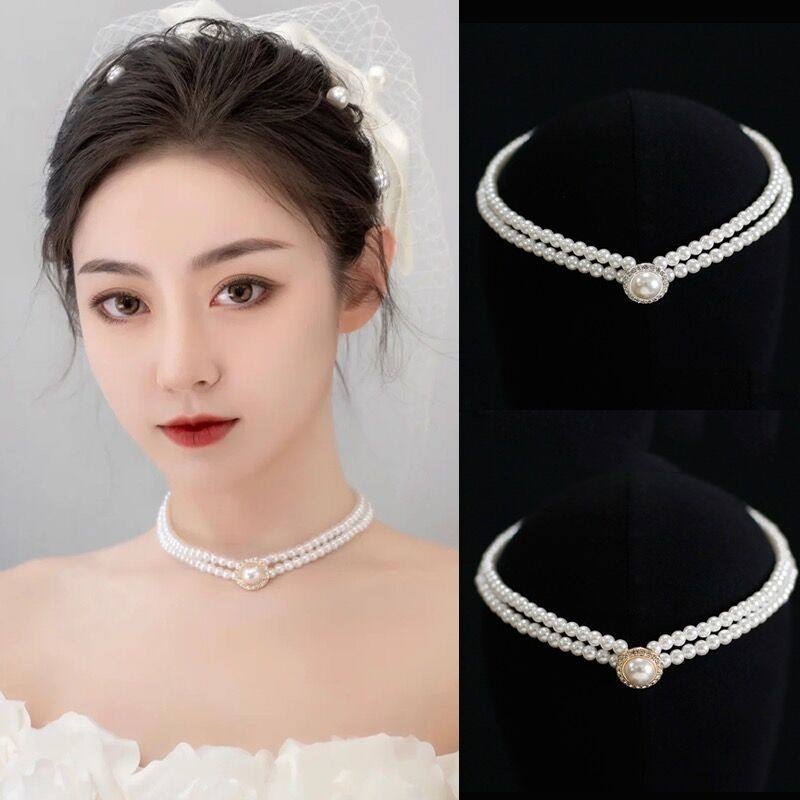 French Retro Elegant Pearl Necklace Stud Earrings Set Bridal Wedding Accessories Double Clavicle Chain Necklace Chain