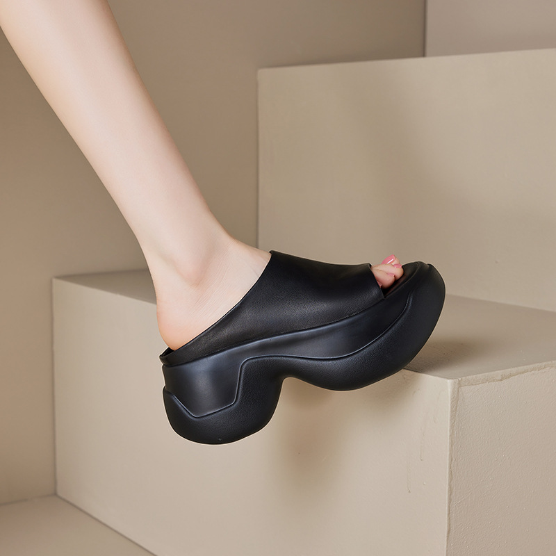 Dép sandal nữ quai ngang đế dày tăng chiều cao 8cm — Màu đen, Màu trắng be