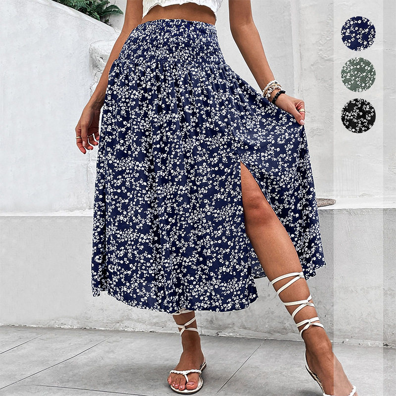 Summer Floral Midi Skirt Casual Fresh Style Blue Color Perfect for Vacation Wear Wholesale Available