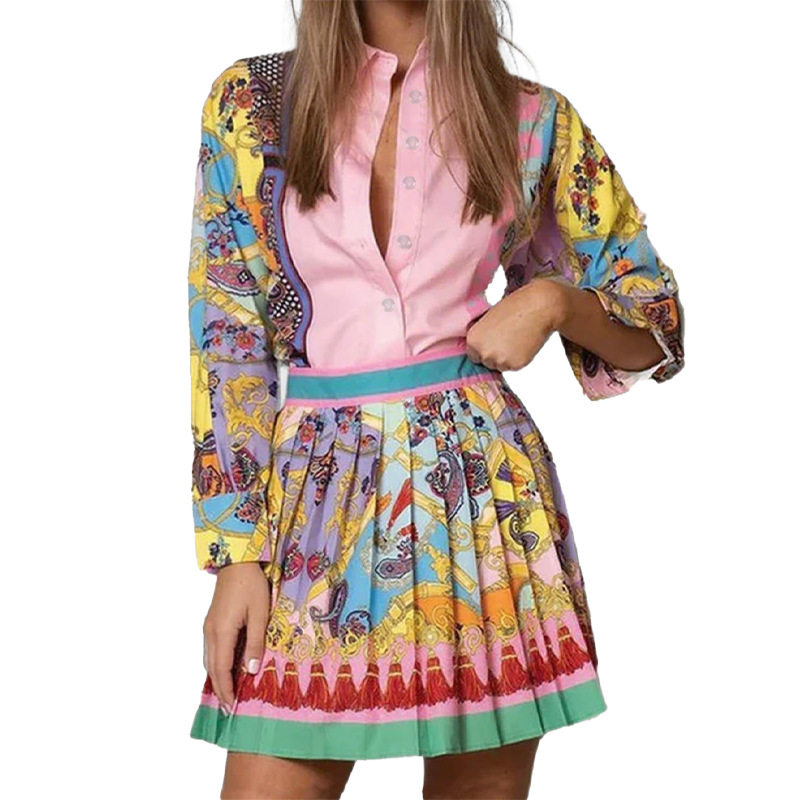 Spring Floral Long Sleeve Shirt and Pleated Skirt Set for Women Stylish Two Piece Outfit Perfect for Casual or Business