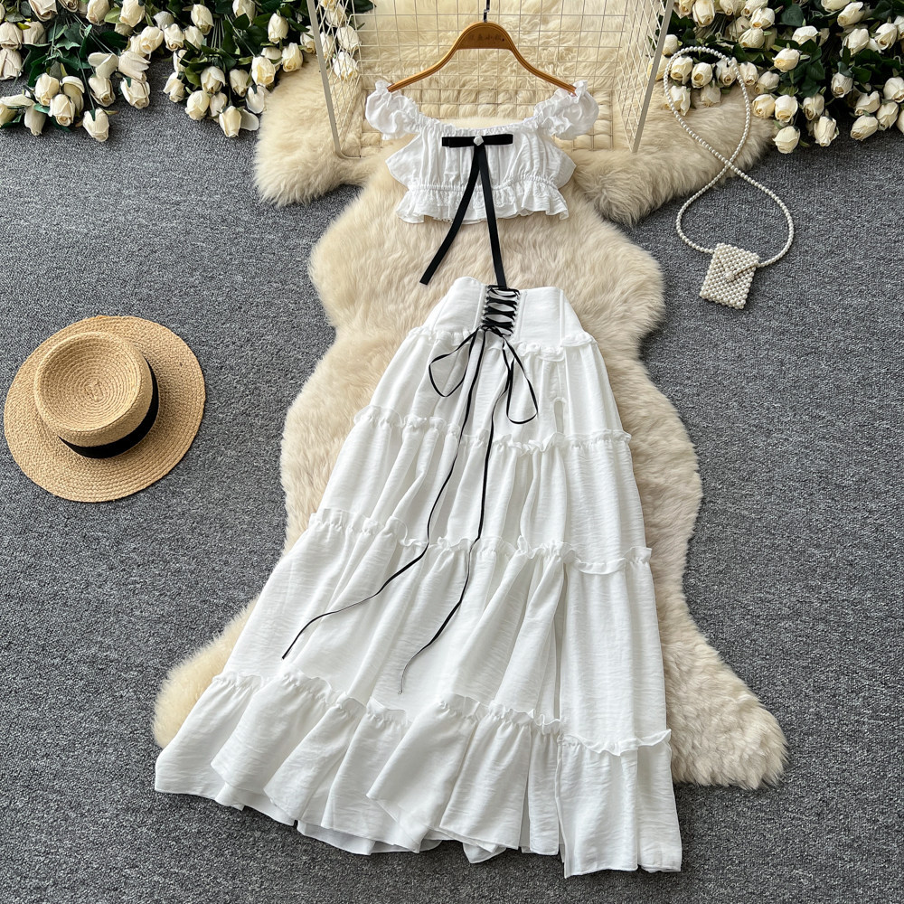 Off Shoulder Puff Sleeve Top with Tie Sweet French Style High Waisted Cake Skirt Set Summer Womens Fashion Wholesale