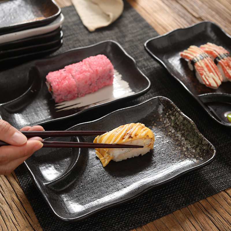 Japanese Style Dinner Plate Ceramic Partition Dumpling Plate with Dip Dish Distinctive Household Breakfast Plate Creative Partition French Fries Plate