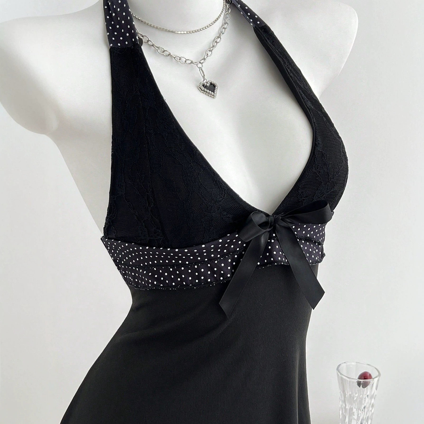V Neck Halter Mini Dress Ruffled Hem Bow Tie Slim Fit Elegant Evening Wear Ready to Ship private label