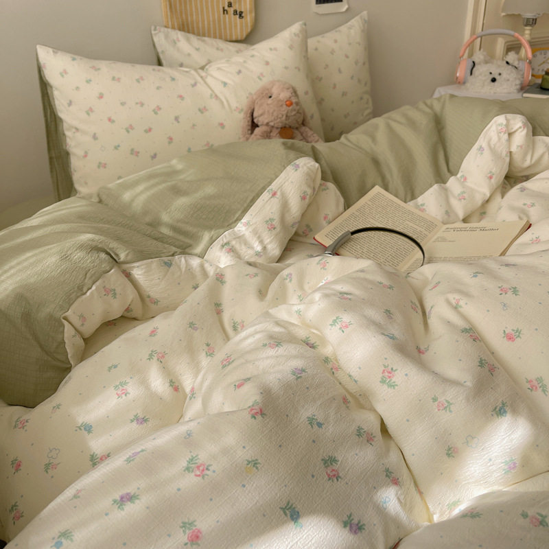 Winter Thickened Double-Layer Gauze Four-Piece Bedding Set Pure Washed Cotton Quilt Cover Spring and Summer Bed Sheet Fitted Sheet Dormitory Three-Piece Set