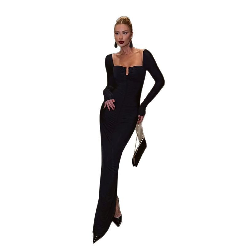 Womens Long Sleeve Bodycon Dress Solid Color Square Neck Slim Fit Elegant Style Perfect for Early Spring