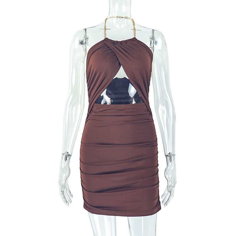 Metal Chain Halter Neck Bodycon Dress Ruffled Hollow Out Slim Fit Fashionable Evening Wear Party Dress