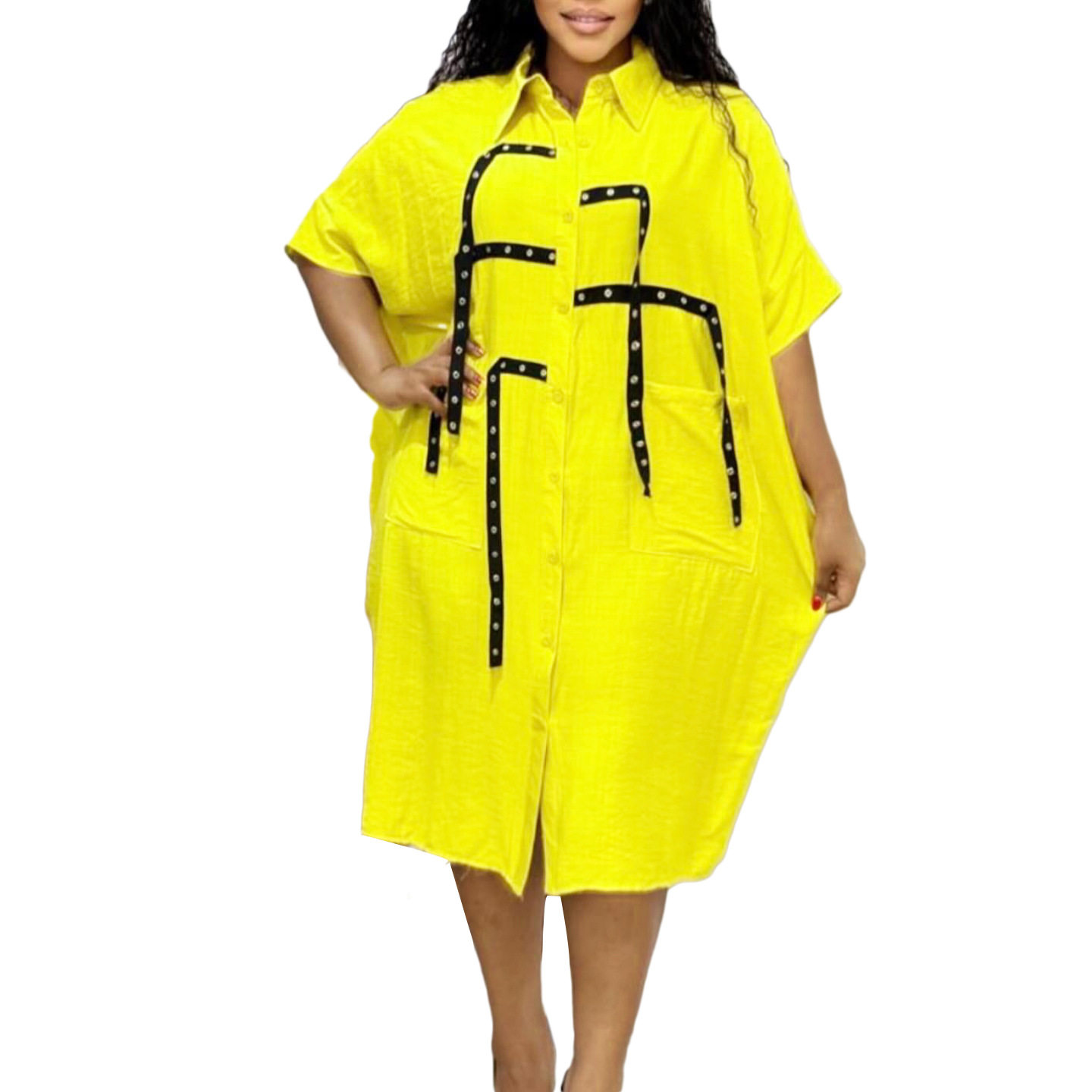 Womens Short Sleeve Fashionable Loose Fit Shirt Dress Mid Length Turn Down Collar Casual Style Wholesale Available