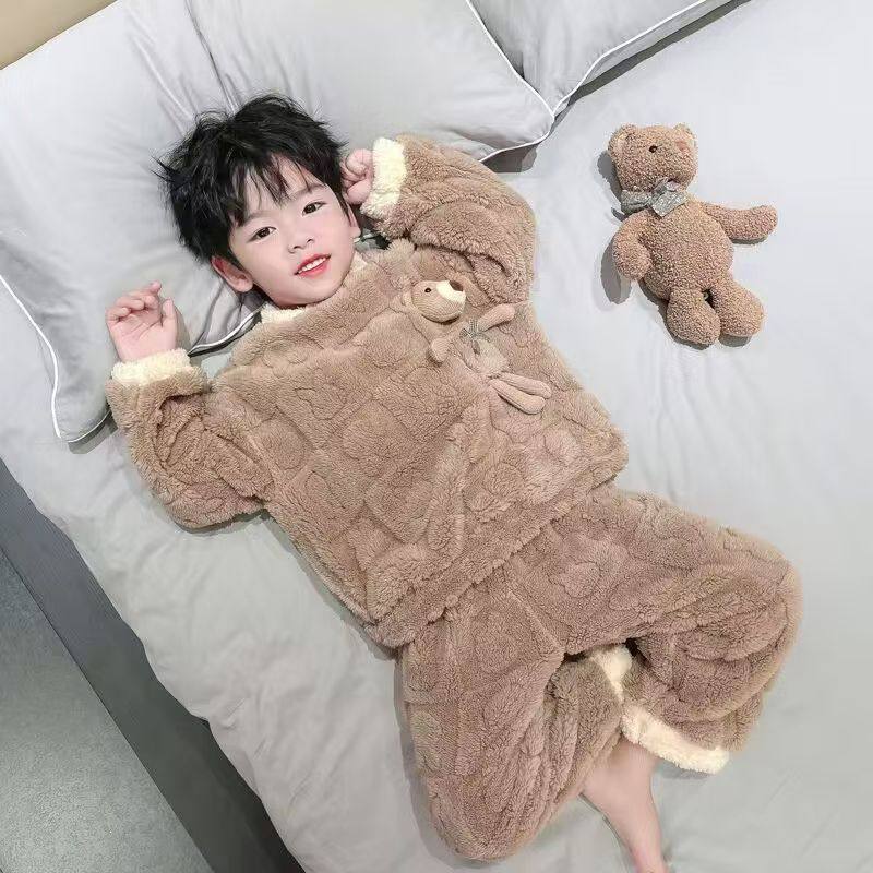 Boys' home clothes set boys and girls autumn and winter pajamas flannel cartoon warm home clothes