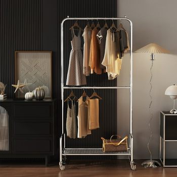 Bedroom autumn and winter coat rack upper and lower double-layer clothes hanger floor Rod mobile clothes hanger word household overnight clothes rack
