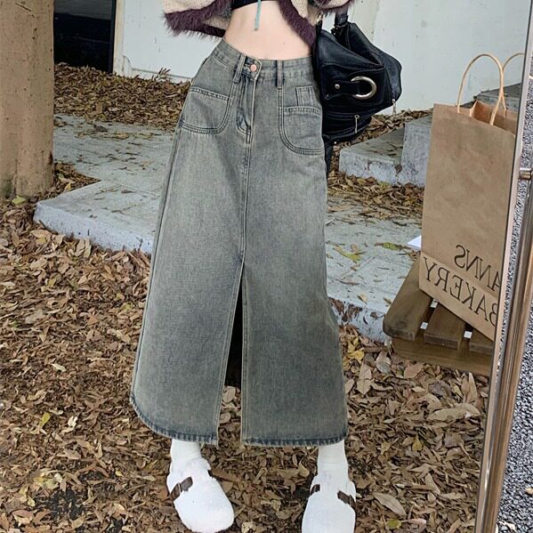High Waisted Split Hem Denim Midi Skirt Washed Finish Korean Style Versatile for Spring and Autumn Wholesale Available