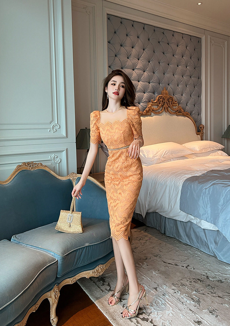 Đầm ren ôm body nữ cổ tròn tay ngắn cao eo — [Xoài đá] chi tiết 10