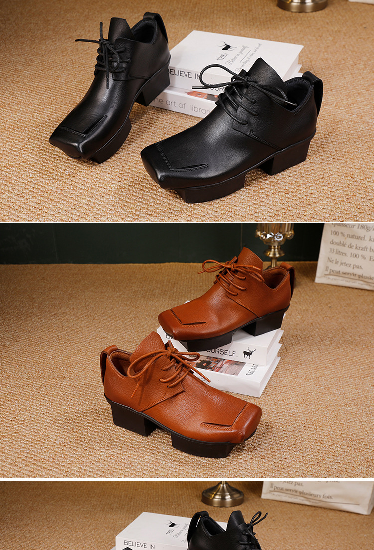 Boot cổ thấp nữ da bò thật buộc dây gót vừa đế xuồng — đen, màu nâu