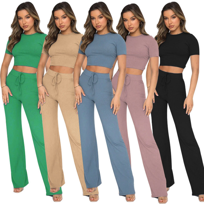 Cross-border European and American New Fashion Casual Suit Women's Solid Color High Elastic Body Shaping Short Sleeve Pit Wide Leg Pants Two-piece Set
